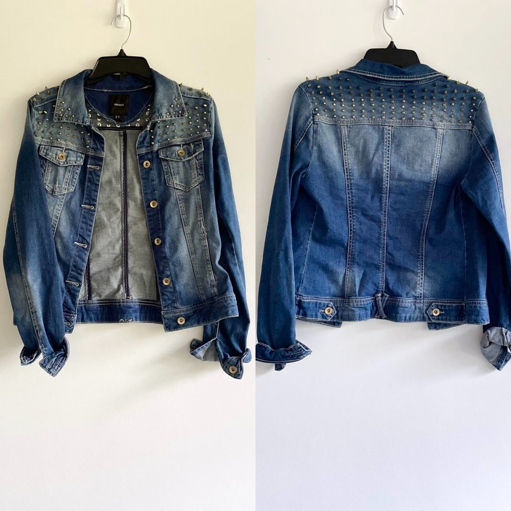 Forever 21 Women's Denim Gold Studded Jean Jacket